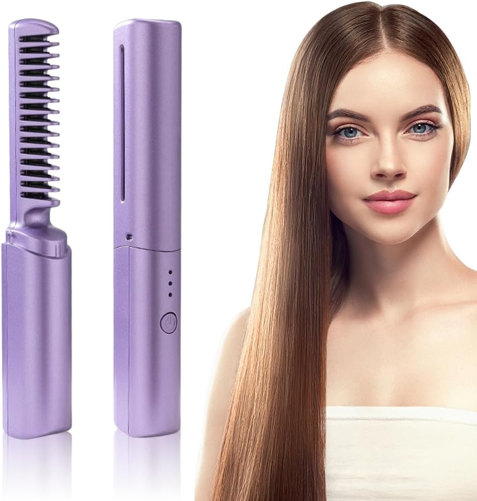 Mini Plancha De Pelo Recargable 2en1 Cepillo y Rizador Morada